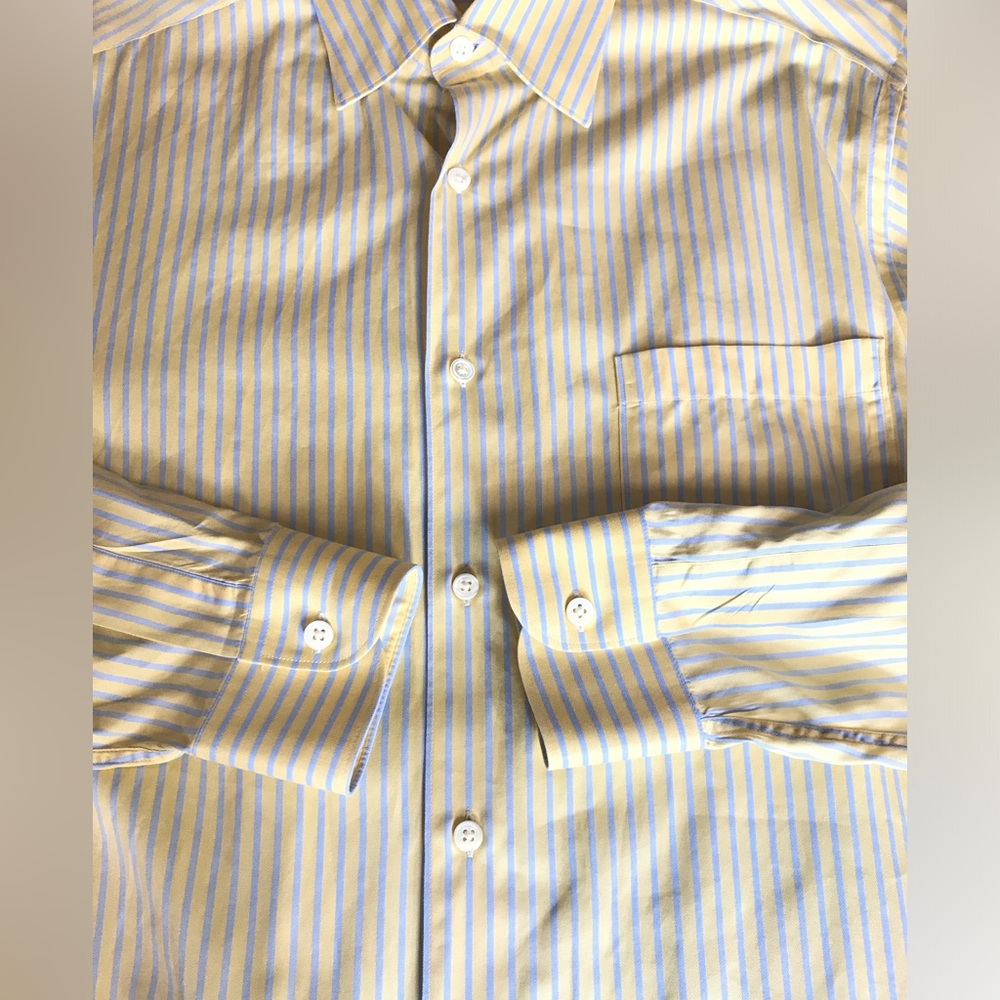 Ermenegildo Zegna Shirt Mens L Yellow Blue Striped Button Down Cotton Italy Made - Picture 4 of 9